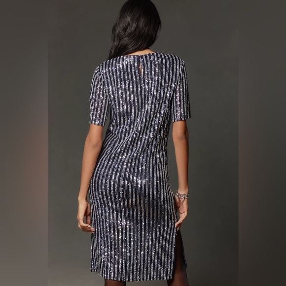 NWT Anthropologie Flat White Short-Sleeve Sequin Stripe Midi Dress Size Small - Picture 3 of 14